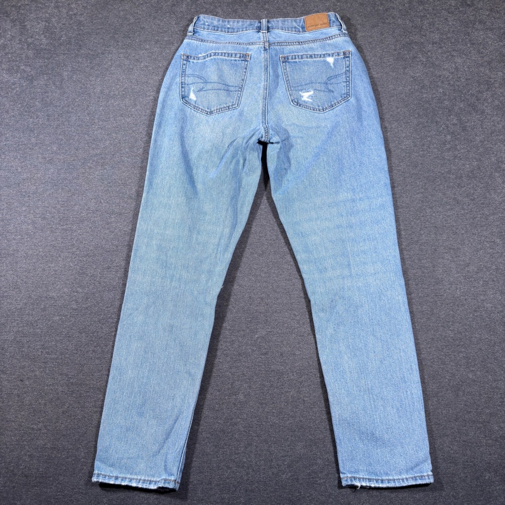 American Eagle Mom Jeans Women 2 Blue Distressed High Rise Light Wash Denim Boho - Picture 3 of 10